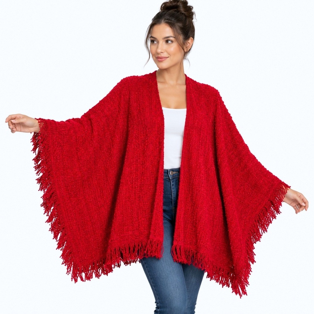 Weave of the Irish Shawl Women OS Red Fringe Handcrafted Ireland Poncho Wrap
